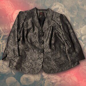 JM Studio 16W Black/Gray Rose Floral Jacquard Blazer 3/4 Sleeve Dress Jacket